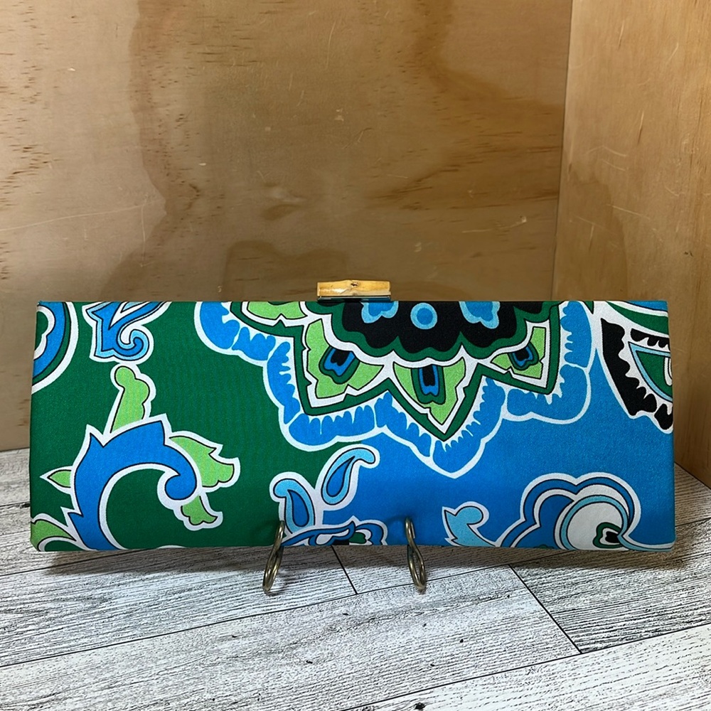 EUC Banana Republic Silk Blue Green Paisley Bamboo Envelope Clutch